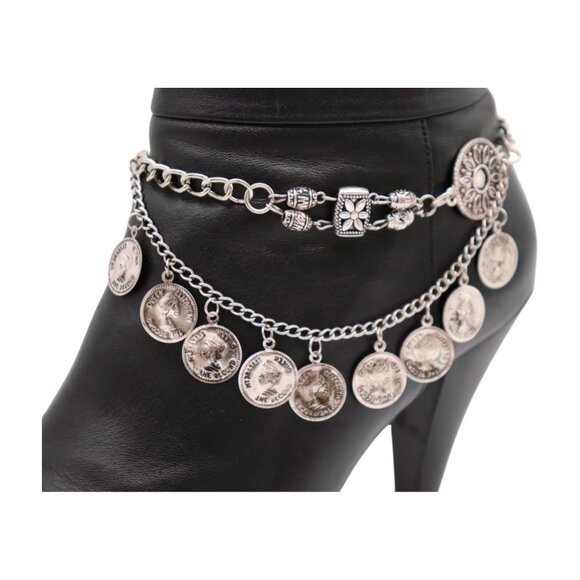 Women Silver Metal Boot Chain Bracelet Shoe Anklet Coin Wave Flower Charm SET - Picture 15 of 17